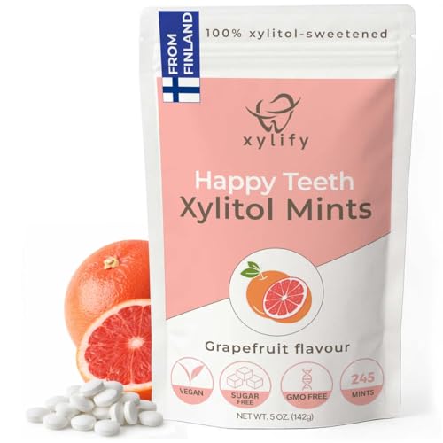 Xylitol Mints for Oral Care - Grapefruit flavor, 100% Xylitol sweetened, Sugar Free Mints, Happy Teeth dental mints from Finland, 5oz - 245 mints