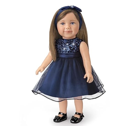 The Ashton-Drake Galleries Lucy Child Doll, 18-inch, Poseable Arms, Sapphire Blue Party Dress with Accessories, Collectible with Stand