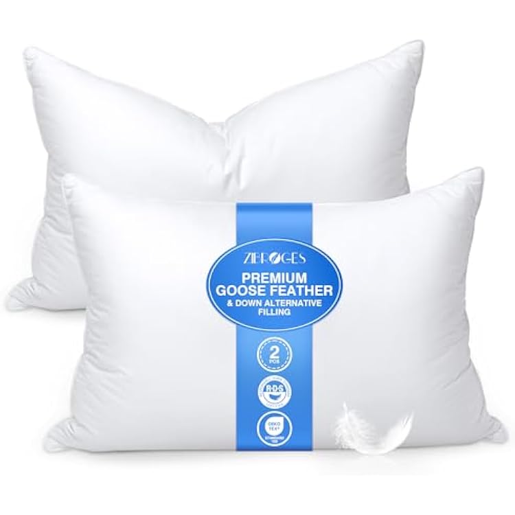 Goose Feather Pillows King Size Pack of 2 - Hotel Down Bed Pillow for Sleeping, Soft 600 Thread Count Cotton Cover, Fluffy Support Surround Fill Polyester for Side, Stomach, Back Sleepers