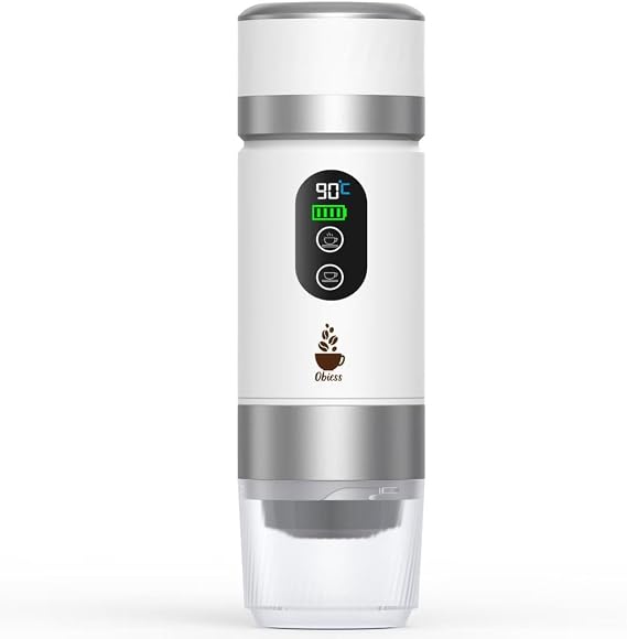 Obıess Taşınabilir Espresso Kahve Makinesi Beyaz Şarjlı Kapsül ve Öğütülmüş Kahve ile Uyumlu V3