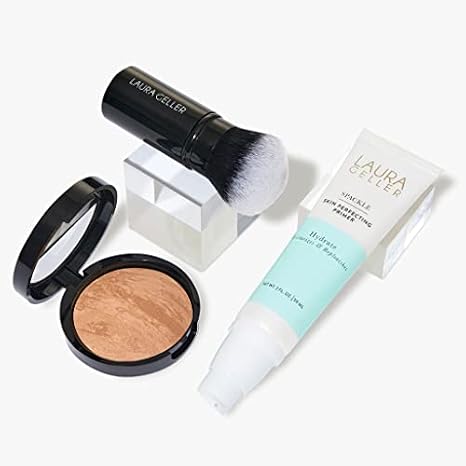 LAURA GELLER Face The Day Kit: Balance n Brighten, Golden Medium + Spackle Makeup Primer, Hydrate + Retractable Airbrush Kabuki Brush