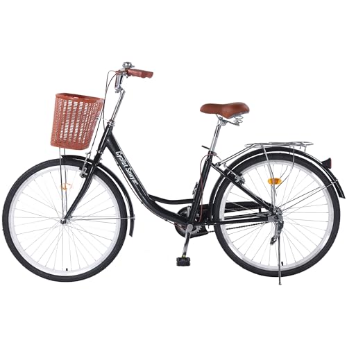 2426in Beach Cruiser Bike for Women, Adults Bicycle Single Speed, Bicycle for Women with Basket & Steel Rack, Womens Bike for Commuting, Step Through City Bike for Adults