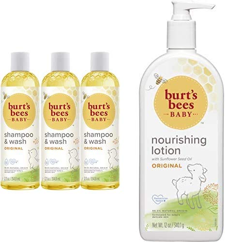 Burts Bees Baby Shampoo & Wash, Original Tear Free Baby Soap - 12 Ounce Bottle - Pack of 3 and Baby Nourishing Lotion, Original Scent Baby Lotion - 12 Ounce Tube
