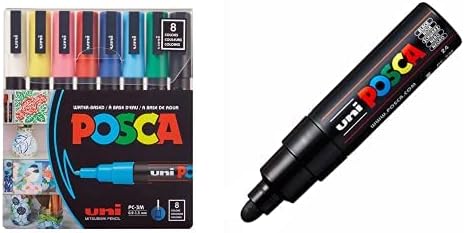 POSCA Paint Marker Pen - Fine Point - Set of 8 (PC-3M8C), Multicolor & Posca Acrylic Paint Marker, Broad Bullet, Black