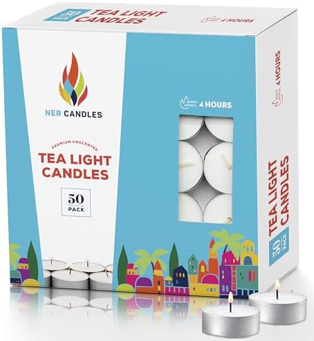 50 Unscented Tea Lights Candles White, Smokeless, Dripless & Long Lasting Paraffin Small Votive Mini Tealight Candle for Home, Pool, Shabbat, Weddings & Emergencies 50-Pack