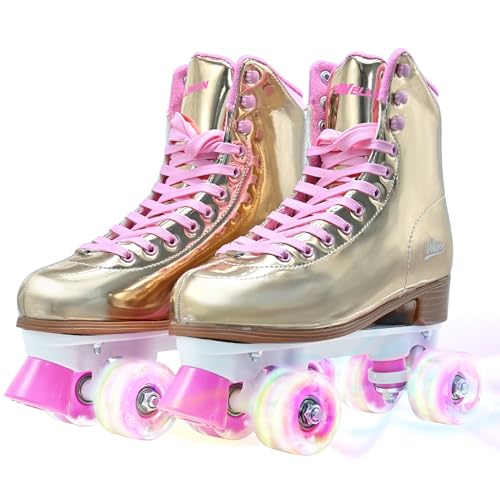 Roller Skate for Women, High-Top PU Leather Quad Skates for Beginner, Shiny Double-Row Rollerskates for Girls Ages 8-60 Outdoor and Indoor