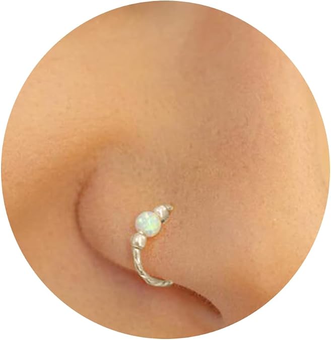 925 Sterling Silver White Opal Nose Ring - Silver 20 Gauge Opal Nose Hoop For Women - Thin Piercing Jewelry- Silver Hoop Piercings