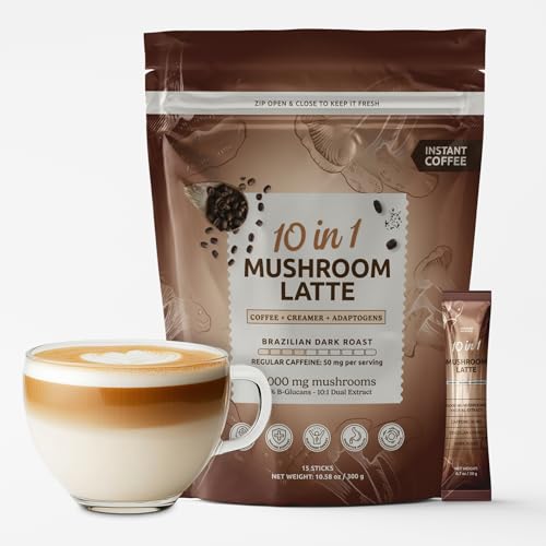 10-in-1 Instant Mushroom Coffee Latte - Brazilian Dark Roast Mushroom Coffee Instant - Mushrooms Latte Drink Blend with Lions Mane, Reishi, Chaga, 15 Packets - Serve Hot or Iced - MATCHA DNA