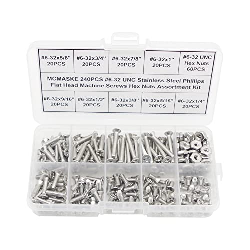 240PCS #6-32 UNC Stainless Steel Phillips Flat Head Machine Screws Hex Nuts Assortment Kit