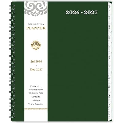 Monthly Planner 2026-2027 - JUL 2026- DEC 2027, 9 11 Monthly Calendar, Planner 2026-2027, 18-Month Calendar Planner with Tabs, Thick Paper, Pocket, Label, Twin- Wire Binding- Dark Green