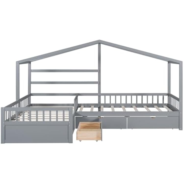 SOFTSEA Wood L-Shaped Bed Frame with Storage Drawers Corner Daybed Frame for 2 Kids Wood 2 House Bed in One