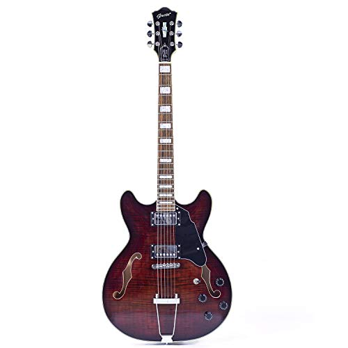 Semi-Hollow Body Electric Guitar Jazz Electric Guitar with F-Hole,Maple neck,Trapeze Tailpiece Bridge Electric Guitar, Gig Bag,humbucker Pickups GT335-02-brown