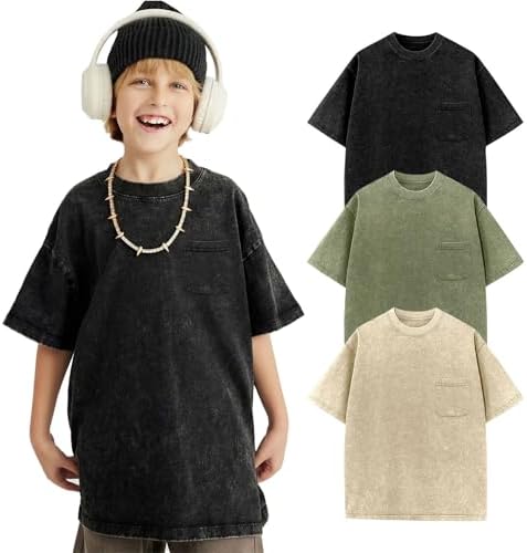 Yimoon 3 Pack Boys Tshirts Kids Oversized T Shirts Cotton Acid Wash Loose Fit T-Shirts Basic Tee Shirts 5-12Y