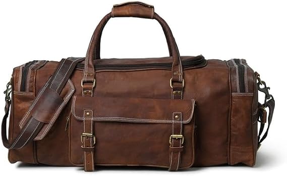 MaheTri - TravelerWeekender Duffle Bag | Handmade Travel Bag with Adjustable Shoulder Strap, Large Front Pockets, and Durable Brass Buckles Perfect for Business, Gym, or Overnight Trips (24 inch)