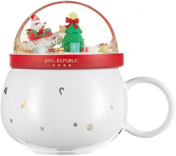 Snow Globe Coffee Mug 11oz, Christmas Ceramic Cup with Snowflake Dome Lid, Cute Holiday Mug for Kids Women