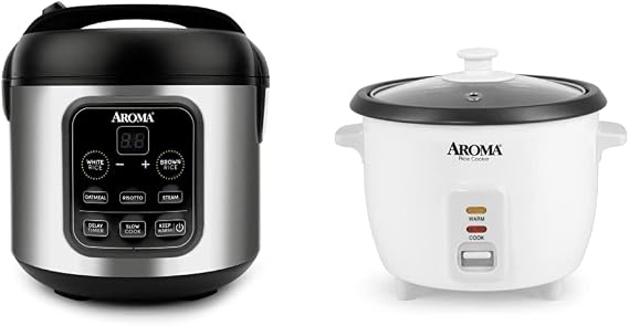 Aroma Housewares ARC-994SB Rice & Grain Cooker Slow Cook, Steam, Oatmeal, Risotto, 8-cup cooked/4-cup uncooked/2Qt, Stainless Steel & Aroma 6-cup 1.5 Qt. One Touch Rice Cooker, White, 1.5 Qt.