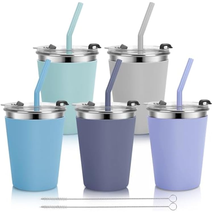 Stainless Steel Kids Cups with Lids and Straws Leakproof, 5 Pack 12oz Spill Proof Cups for Toddlers Kids Tumblers Unbreakable Sippy Cup with Straws for School, Outdoor