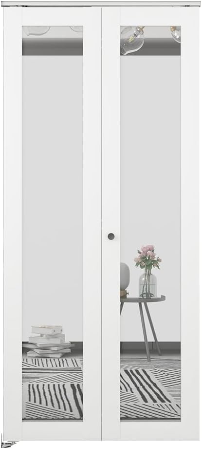 30 in. x 80 in. Mirrored Glass Solid Core White Composite Bi-fold Door with Hardware Kit and Door Handle