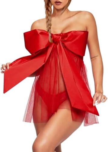 Women lace Babydoll V Neck Mesh Chemise Nightie Open Front Negligee Sexy Sleepwear Wedding Honeymoon Red, One Size