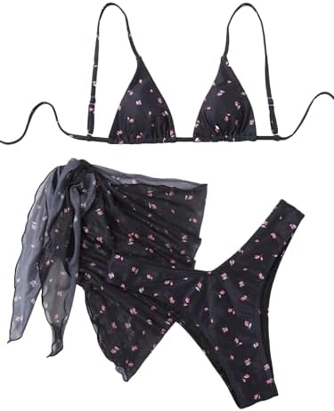 COZYEASE Womens 3 Piece Swimsuit Floral Triangle High Waisted Bikini Cute Bathing Suit with Sarong Beach Cover Up Black L