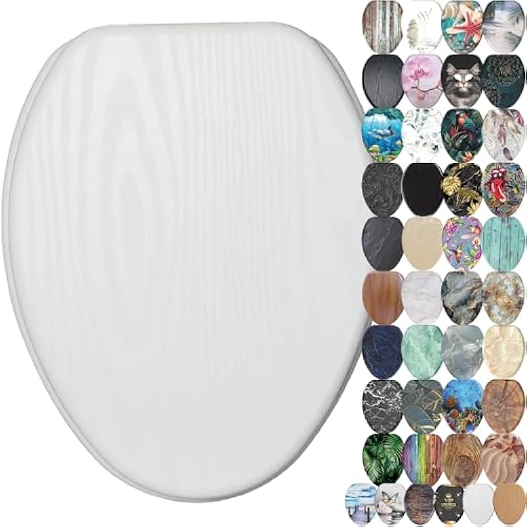 SANILO Wooden Toilet Seat with Soft Close [ELONGATED] - Decorative, Quiet & Slow Close Molded Wood Seat - With Strong Bumpers & Hinges - Adjustable Fit - White Wood