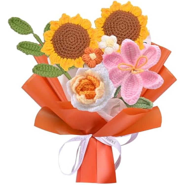 QUELIEN Crochet Flower Bouquet, Handmade Knitted Tulips & Roses Gifts for Women, Mom, Wife 7Pcs Yarn Flowers Arrangement for Wedding, Anniversary, Home Decor Orange