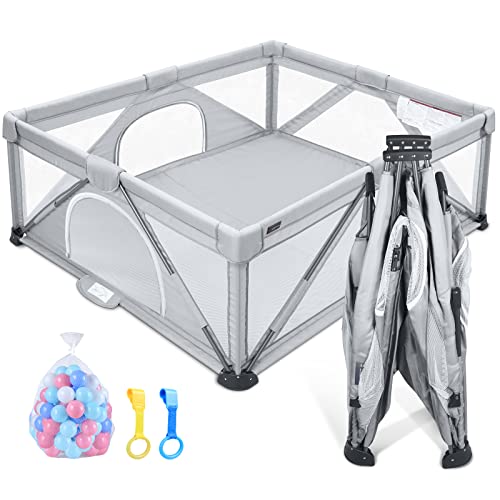 ANGELBLISS Baby Playpen, Foldable Playpen for Babies and Toddlers, Indoor & Outdoor Baby Activity Center with Visible Breathable Mesh, Portable Play Yard with 2 Handlers50 Balls Grey, 71  71
