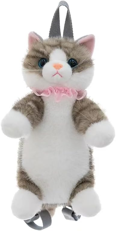 Stuffed Animals Backpack - Lifelike Stuffed Cat Plush Backpack, Handmade Cute Realistic Cat Shaped Bag (Gray Pattern)
