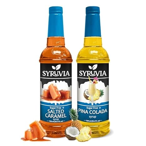 Syruvia Sugar-Free Salted Caramel & Pina Colada Syrup - 25.4 fl oz Premium Coffee Flavoring Syrup. 0 Calories, Kosher, and Gluten-Free. Ideal for Drinks, Sodas, Shakes, Desserts, and More.