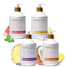 RAW SUGAR Hand Wash Variety Bundle - Lemon Sugar, Watermelon + Fresh Mint, Pineapple + Maqui Berry + Coconut & Raw Coconut + Mango, Formulated without Sulfates & Parabens (16.9 fl. oz, Pack of 4)