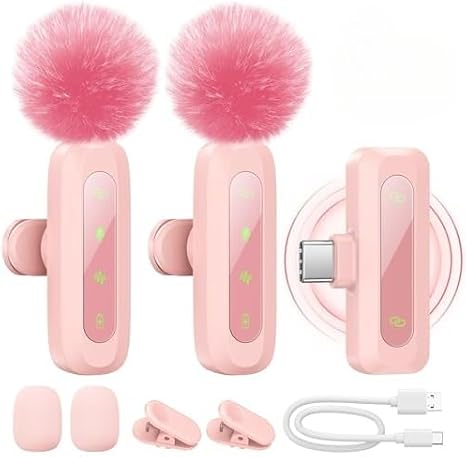 Wireless Lavalier Microphone for iPhone, iPad, Android Phone, 2-Pack Mini Microphone with Noise Reduction, Auto Pairing and Mute & Reverb for Vlogging, Video Recording, TikTok (Pink)