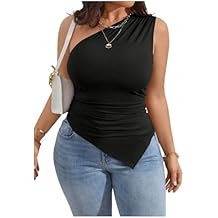 WDIRARA Women's Plus Size One Shoulder Tank Top Ruched Asymmetrical Sleeveless Tops