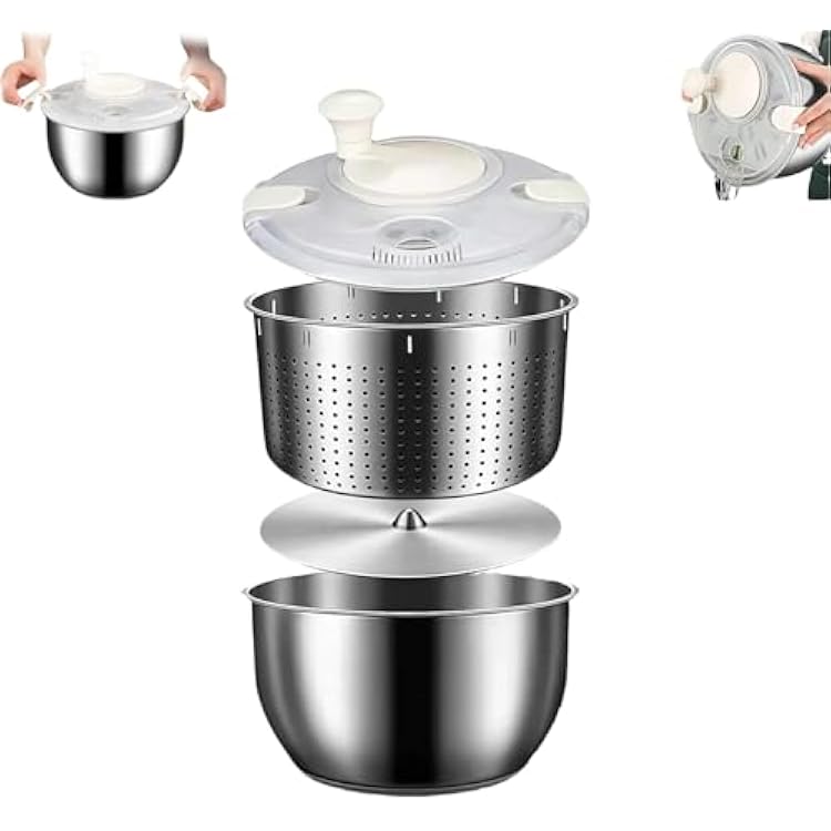 6L Stainless Steel Salad Spinner - Quick Spin Dryer for Vegetables, Lettuce, Fruit and Pasta, Commercial and Household Essential Kitchen Utensil