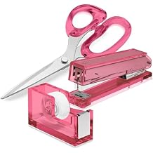 Office Goods - Pink Office Supplies Set - Acrylic Tape Dispenser, Acrylic Stapler, and 9 Stainless Steel Acrylic Scissors, for Office Desk, School, or Crafts