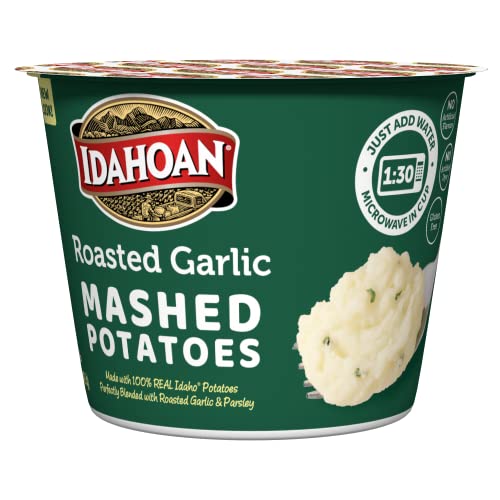 Idahoan Roasted Garlic Mashed Potatoes Cup, 100% Real Idaho Potatoes, Microwavable, Gluten-Free, 1.5 Ounce Pack of 10