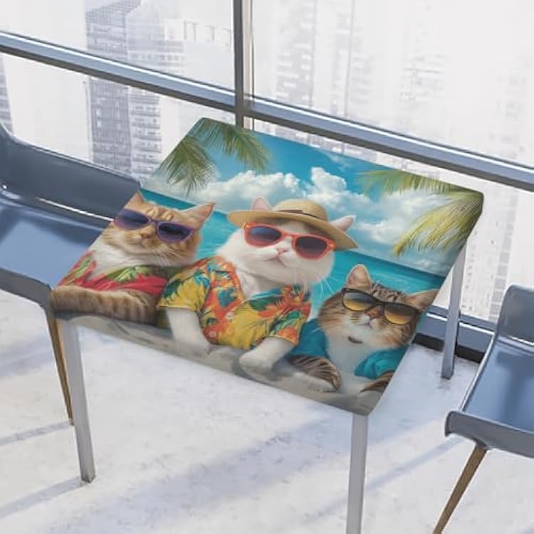 Square Tablecloths Funny Cats Beach Palm Tree Fitted Table Cloth with Elastic Edge Waterproof Polyester Table Cover for Indoor Outdoor Kitchen Patio Decor, 46 Square