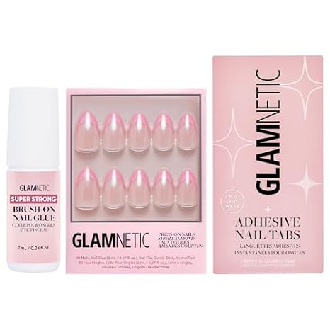 Glamnetic Press-On Nails - Bubble Gum Glaze | Super Strong Brush On Nail Glue & Nail Adhesive Tabs | Short Almond Pink French Tip Nails with a Glazed Finish | 15 Sizes - 30 Nail Kit with Glue