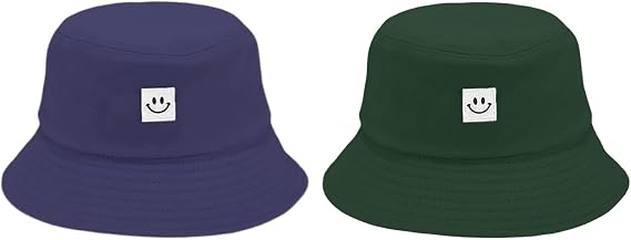 Kids Sun Hat Smile Face Bucket Hat for Girls Boys Summer Sun Protection Cotton Unisex Beach Cap Dark Green and Navy Blue