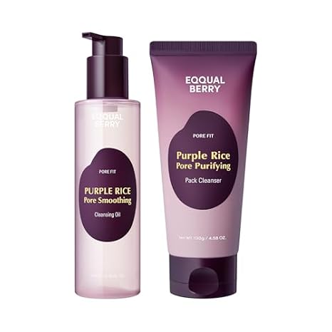 EQQUALBERRY Double Cleanser Duo for Facial Cleansing: Purple Rice Pore Cleansing Oil & Pack Cleanser Removes Makeup, Blackheads & Impurities