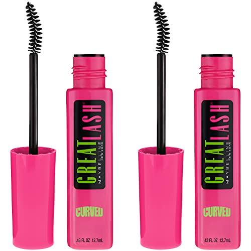 Maybelline Great Lash Curved Brush Washable Mascara, Volumizing, Lengthening and Curling Mascara, Blackest Black, 2 Count