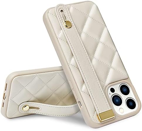 ZVE for iPhone 13 Pro Max Case with Strap, Luxury Quilted Leather Case with Stand for Women, Compatible with Apple iPhone 13 Pro Max, 6.7 Inch-Beige