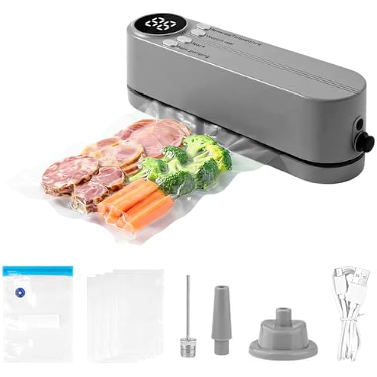 Mini Vacuum Sealer, 3 in 1 Cordless Handheld Vacuum Sealer for DryMoist Food Storage with 4 Snack Bags, Heat Sealer for Chip Bags, Inflation Pump for BallsSwim Ring with 1 Needle1 Nozzle Grey