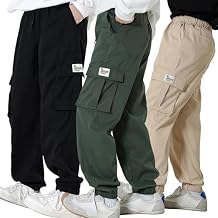 3 Pack Boys Cargo Joggers Pants Elastic Waist Quick Dry, Kids Pull On Casual Black Khaki Jogging Trousers 7-13 Years