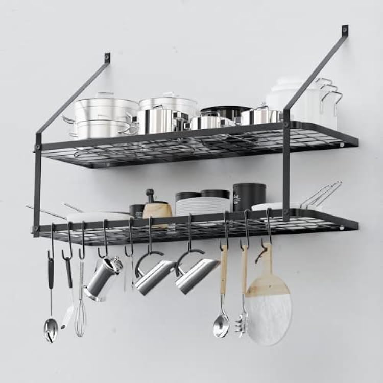 X Home 35-Inch Pot Racks for Kitchen Wall Mounted with 10 Removable Hooks, Wall Rack for Pots and Pans for Kitchen Storage & Organization, 2 Tier, Black