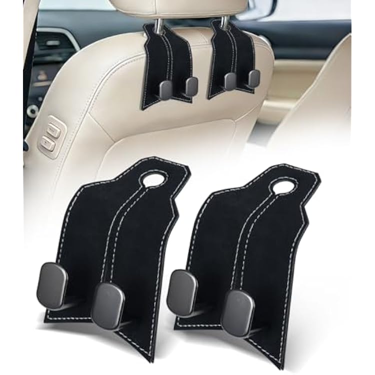 Purse Hook for Car, Car Hooks for Seat Headrest Metal & Premium Leather 2026 Latest, Auto Headrest Hanger Organizer Accessories for Purses and Bags, 2 Pack Black