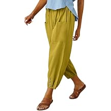 WROLEM Womens High Waist Pants Wide Leg Cropped Casual Drawstring Vacation Capris with Pockets for Women