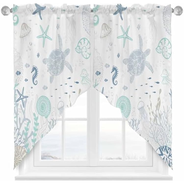 Coastal Swag Curtains Valance For Kitchen Windows,Turquoise Blue Turtle Starfish Coral Jellyfish Wide Rod Pocket Curtain Drapes,Bedroom Bathroom Cafe Living Room Light Filtering Drapery,56Wx36H