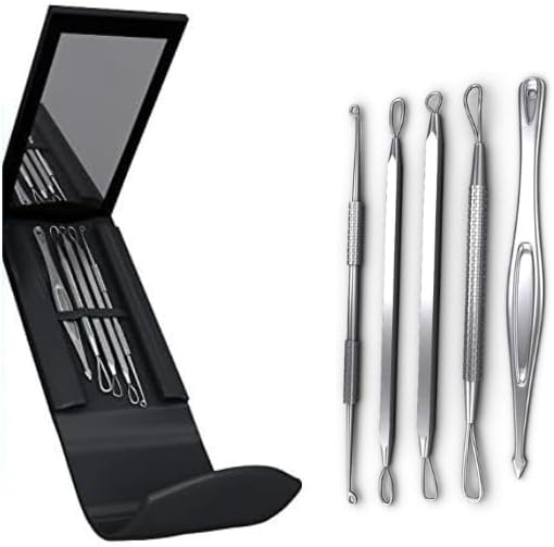 5pc Blackhead and Blemish Removal Kit with Mirror and Case – Professional Stainless Steel Comedone Extractor Tools for Acne, Spot, and Pimple Treatment – Perfect for Travel, Home Skincare