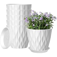 6 Pack 7 Inch Plant Pots with Drainage and Saucers, White Plastic Flower Pots for Indoor and Outdoor Plants, Stackable Nursery Planters for Houseplants and Herbs, White