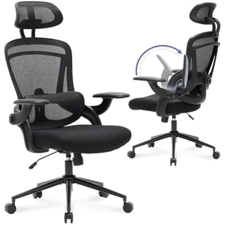 Nouhaus Ergo Fit Ergonomic Mesh Office Chair, High Back Office Chairs Adjustable Lumbar Support, Headrest & Flip-up Armrests, Tile Function, Comfy Desk Chairs Swivel Computer Gaming Chair, Black